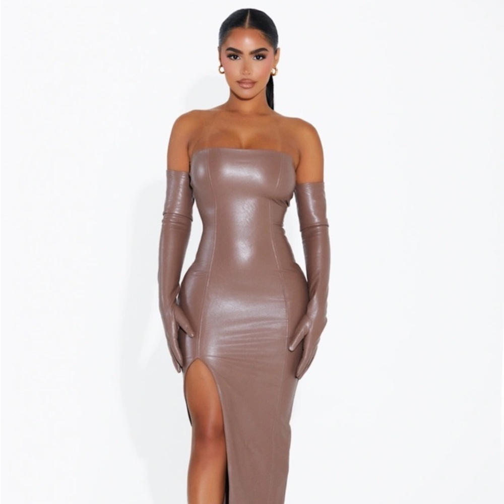 Naked wardrobe glove dress set nude faux leather strapless brown two piece midi